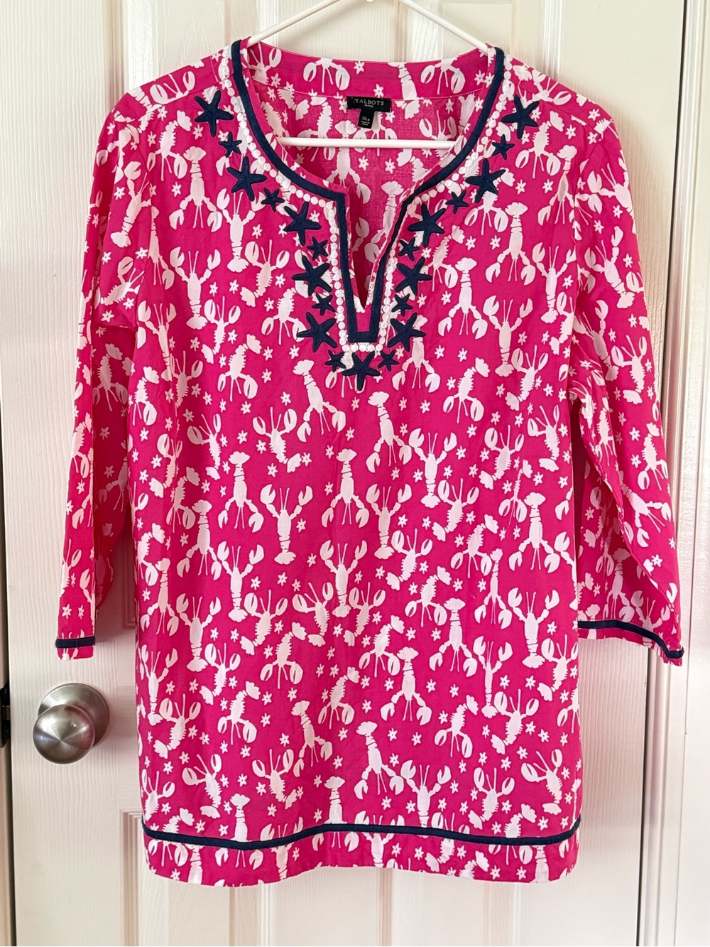 Talbots Pink Lobster Starfish Embroidered V-Neck Tunic Top XL-P